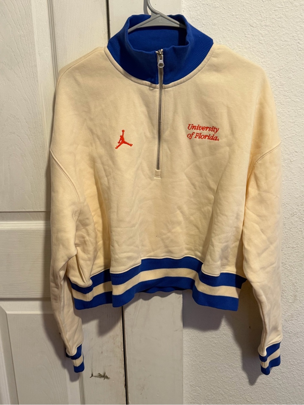 Jordan Cream Quarter-Zip Sweatshirt with Royal Blue Trim